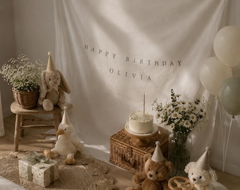 Bannière d'anniversaire personnalisée, bannière de nom personnalisée, plaque d'anniversaire en tissu de lin, décoration d'anniversaire bohème