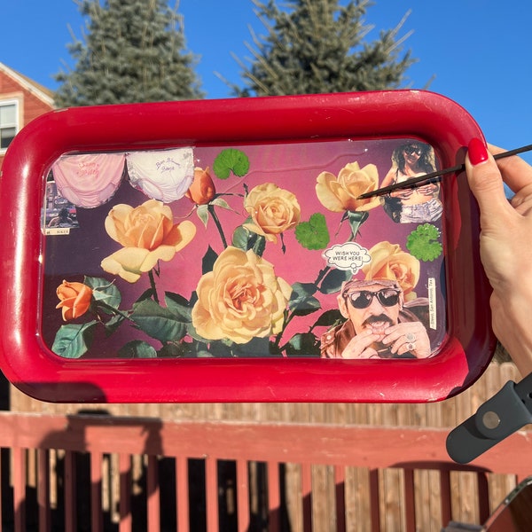 Large Floral Tray/Catchall Vintage Roses Biker Magazine Clippings Resin AS IS Cool Droplets : wish u were here