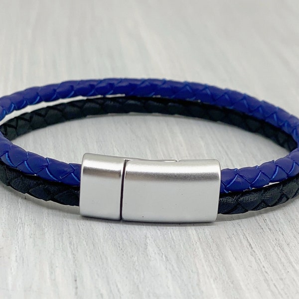 Pulsera de cuero azul y negro para hombre cierre magnetico