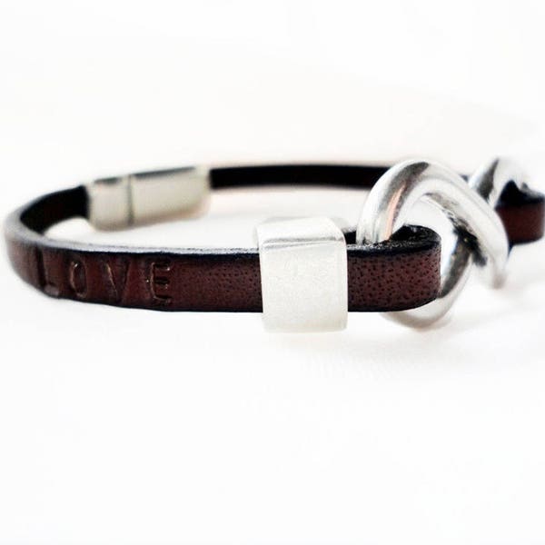 Personalized engraved leather infinity bracelet, unisex, silver plated infinity link, hand stamped jewelry