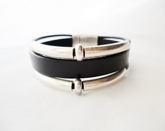Mens Leather Cuff, silver plated tubes , Cuff Friendship, magnet clasp