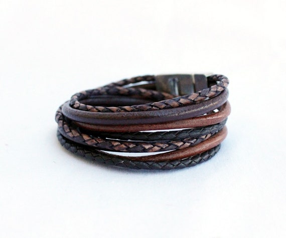 Men s Wrap Leather Bracelet Multi Strand Brown Silver Magnet