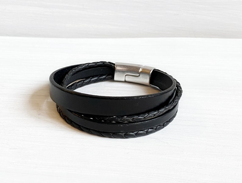 Men's Leather Bracelet Multi Strand Silver Magnetic - Etsy