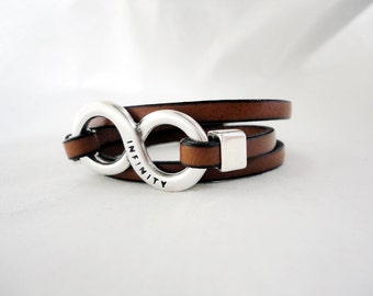 Mens Infinity Leather Bracelet, Engraved Triple Wrap, charm bracelet, Mens Jewelry, Womens Bracelet,