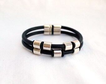 Mens Leather bracelet ,  Double Band Leather , silver plated beads, Men black or brown leather Cuff, gift for him