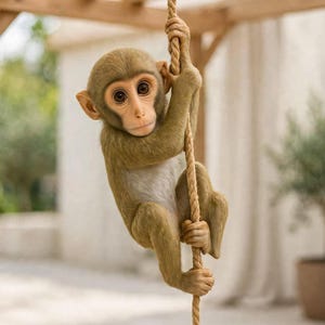 May include: A realistic monkey figurine with light brown fur and a white chest, depicted clinging to a vertical tan rope. The monkey has large, dark, expressive eyes and is positioned as if climbing, with its hands and feet gripping the rope.