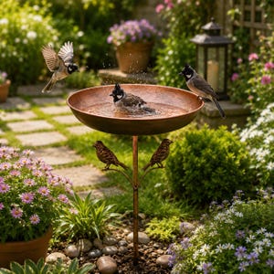 Baño de pájaros de metal para jardín con pájaros decorativos, estaca para baño de pájaros de exterior, decoración de jardín antigua, baño de pájaros para patio trasero, adorno para césped de patio