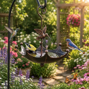 Puede incluir: Un baño para pájaros de metal color bronce con forma de paraguas invertido, suspendido de un gancho curvo. El cuenco contiene agua y presenta una figura decorativa de colibrí en el centro. Un colibrí, un jilguero y un azulejo están presentes.