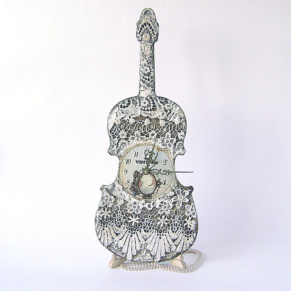 Violin clock, Vintage Style Wooden Hanging Lace Cameo Clock, Home Wall Decor,Wall Clock