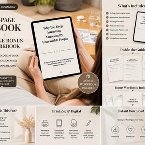 May include: A 31-page ebook and 5-page bonus workbook titled Why You Keep Attracting Emotionally Unavailable People. The digital guide includes a psychological guide, attachment styles, red flag awareness, reflection exercises, and an emotional security plan in PDF format.