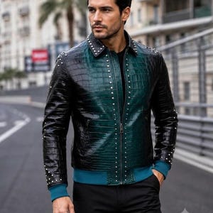 Luxury Men's Studded Crocodile Embossed Genuine Leather Biker Jacket