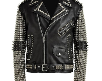 Giacca da motociclista da uomo in vera pelle con borchie / Cappotto punk rock con punte vistose