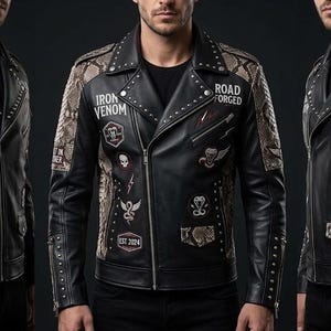 May include: A black leather motorcycle jacket featuring snakeskin-patterned panels on the sleeves and sides. The jacket is adorned with silver metal studs, zippered pockets, and various embroidered patches including the text Iron Venom and Road Forged.