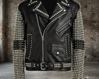 Men's Studded Genuine Leather Biker Jacket | Heavy Spiked Punk Rock Coat