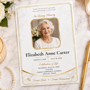 White Gold Funeral Program Template Editable Brochure Canva 4 Page Bifold Memorial Booklet  Celebration of Life Large Obituary 11X17