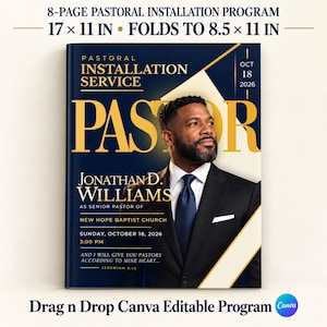 Puede incluir: Un programa de instalación pastoral de 8 páginas que mide 43,18 x 27,94 cm, plegable a 21,59 x 27,94 cm. La portada azul oscuro presenta texto dorado que dice Pastoral Installation Service, Jonathan D. Williams y New Hope Baptist Church.