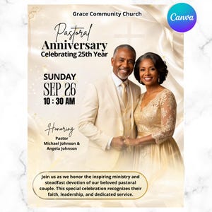Puede incluir: Un folleto para Grace Community Church sobre la celebración del 25 aniversario pastoral el domingo 26 de septiembre a las 10:30 AM, en honor al pastor Michael Johnson y Angela Johnson, con texto sobre su ministerio y dedicación.