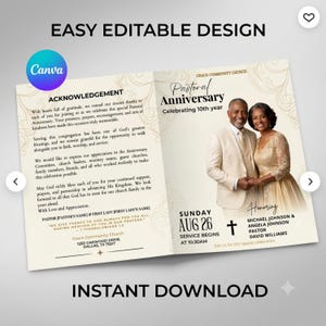 May include: A bi-fold church program template featuring a cream background with gold filigree accents. The text includes "Pastoral Anniversary," "Celebrating 10th year," "Acknowledgement," and "Sunday Aug 26." It displays a photo of a couple.