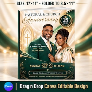 Könnte beinhalten: Ein Flyer für ein Pastor- und Kirchenjubiläum mit einem Mann im grünen Anzug und einer Frau im goldenen Kleid. Text: Pastor Jonathan Reed, First Lady Amara Reed, Grace Covenant Worship Center, Sonntag 26. Sept., 10:30 Uhr und 25 Jahre. Größe 43x28 cm, gefaltet auf 22x28 cm.