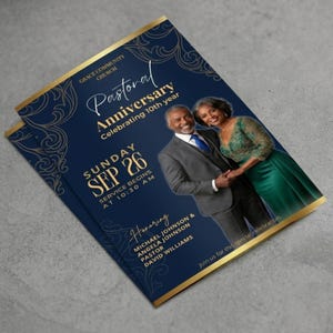 May include: A navy blue flyer with gold filigree accents featuring a photo of a person in a gray suit and a person in a green dress. Text reads: Grace Community Church, Pastoral Anniversary, Celebrating 10th year, Sunday Sep 26, Service begins at 10:30 AM.
