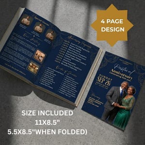 May include: A four-page church anniversary program design in navy blue and gold. The layout includes a pastoral anniversary cover, an order of service, and a history section. Dimensions are 11x8.5 inches flat and 5.5x8.5 inches when folded.