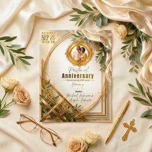 Puede incluir: Una tarjeta de invitación rectangular para un aniversario pastoral con un marco circular dorado que contiene la foto de una pareja, texto dorado Pastoral Anniversary Celebrating 10th year Honoring Pastor Michael Johnson & Angela Johnson y Sunday Sep 26 10:30 AM.