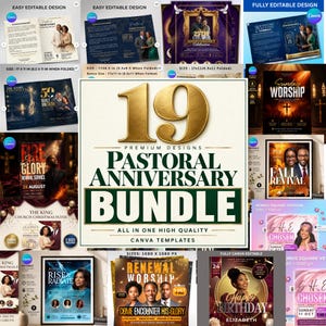 May include: A digital bundle of 19 premium pastoral anniversary flyer and brochure templates for Canva, featuring various religious event designs with gold text, church imagery, and event details like Sunday worship and revival services.