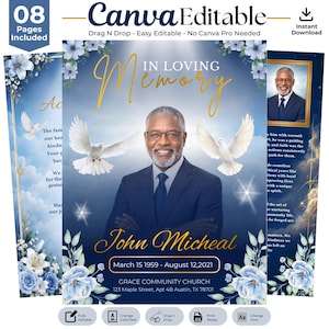 Funeral Program Template Canva, 8 Page Editable Obituary Booklet, Celebration of Life Bi-Fold (8.5x11 in) Memorial Service, Blue Doves