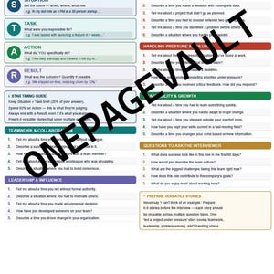 Op de afbeelding: Een Behavioral Interview Prep Guide met de STAR-methode, probleemoplossing, besluitvorming en leiderschapssecties. De lay-out bevat kleurgecodeerde categorie&euml;n, genummerde interviewvragen en een watermerk met de tekst ONEPAGEVAULT.