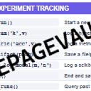 May include: A purple header titled MLFLOW—EXPERIMENT TRACKING displays a table of code snippets and descriptions. The text includes mlflow.start_run(), mlflow.log_param('k',v), mlflow.log_metric('acc',v), mlflow.log_artifact(p), and mlflow.search_runs().