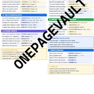 May include: A Google Sheets cheat sheet reference guide featuring sections on modern lookup, multi-condition math, dynamic arrays, advanced text, and error handling. The document includes a large diagonal watermark reading ONEPAGEVAULT.