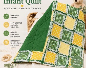 Handmade Rag Quilt Baby Blanket | Green Yellow Cotton Infant Nursery Bedding