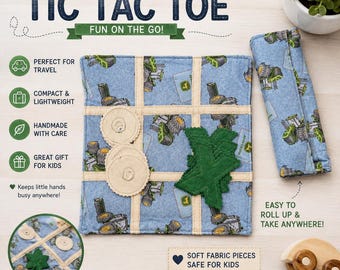 Handmade Fabric Travel Tic Tac Toe Game | Farm Tractor Quiet Toy (Road Trip Activity)