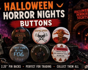 Halloween Horror Nights Buttons | Spooky Theme Park Pins, HHN 2026 Collectibles