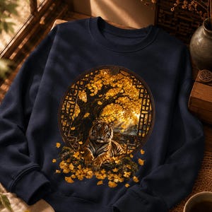 Peut inclure: Un sweat-shirt bleu marine à col rond orné d'un motif circulaire central. L'illustration représente un tigre se reposant sous un grand arbre aux feuilles jaune doré, encadré par une structure de fenêtre en treillis ornée.