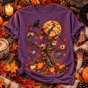 Halloween Tree Graphic Tee, Spooky Ornament Tree with Pumpkins, Full Moon and Black Cat, Whimsical Fall Shirt