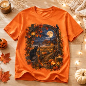 May include: An orange short-sleeve t-shirt featuring a graphic print of a black cat sitting on a wooden fence in a pumpkin patch at night. The scene includes a full moon, a lantern, autumn leaves, and a rustic wooden archway under a dark sky.
