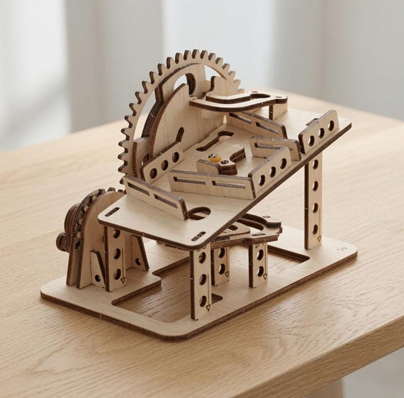 A hand-assembled wooden gear-and-marble-run kit where YOU crank it to life — mechanical eye candy that doubles as a patience-rewarding build.
