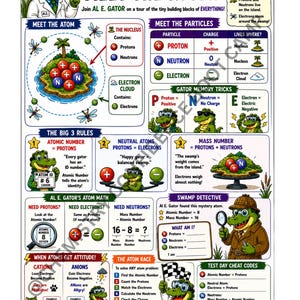 May include: An educational poster titled Atomic Structure: Meet the Atom! featuring a cartoon alligator named Al E. Gator. The poster includes diagrams of atoms, particle charts, memory tricks, math problems, and chemistry rules with colorful illustrations.