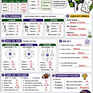 May include: An educational worksheet titled Meet the Atom Atomic Structure Game Day Challenge featuring a green alligator mascot, tables for atomic particles, periodic table data for carbon, sodium, and oxygen, and various chemistry exercises.