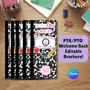 Könnte beinhalten: Eine Broschüre mit schwarz-weißem Kuhfleckenmuster und dem Text Welcome Back, Mount Sunshine Elementary sowie PTO 2026-2027. Das Design enthält bunte Sternsymbole, einen lächelnden roten Apfel, einen gelben Bleistift und ein rosa Smiley-Gesicht.