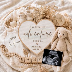 Editable Pregnancy Announcement Template, Our Greatest Adventure Begins, Ultrasound Baby Reveal, Neutral Pregnancy Announcement, Baby Coming