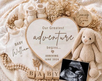 Editable Pregnancy Announcement Template, Our Greatest Adventure Begins, Ultrasound Baby Reveal, Neutral Pregnancy Announcement, Baby Coming