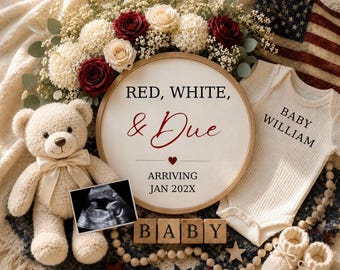 Digital4th of Juli Schwangerschaftsankündigungsvorlage, Rot, Weiß und Due, Vaterländische Baby-Enthüllung, bearbeitbare Canva-Vorlage, Unabhängigkeitstag