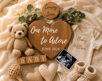 Anuncio de embarazo "One More to Adore", plantilla editable de Canva, anuncio de bebé, revelación por ultrasonido, anuncio de embarazo digital neutro