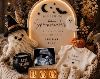 Plantilla de anuncio de embarazo de Halloween, Canva editable para revelar la llegada del bebé, ¡Bebé espeluznante en camino!, Anuncio de ecografía, Descarga instantánea
