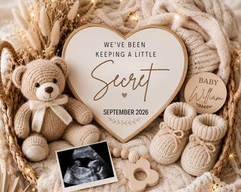Modello per annuncio di gravidanza segreta, Abbiamo tenuto un piccolo segreto, Rivelazione del sesso del bambino in stile neutro, Annuncio della data presunta del parto modificabile su Canva