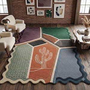 Tappeto con cactus del deserto sud-occidentale / Tappeto patchwork in lana trapuntato a mano / Tappeto boho con bordo smerlato irregolare per soggiorno e arredamento eclettico