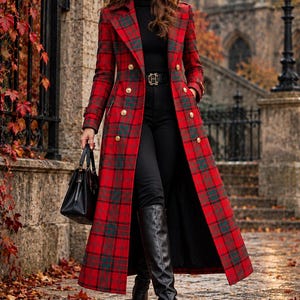 May include: A long, red and green plaid coat featuring gold-tone buttons, worn over a black turtleneck, black trousers with a gold-tone belt buckle, and black knee-high boots, accompanied by a black handbag.