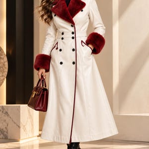 Women's Long Coat: Genuine Sheep Leather, Burgundy Faux Fur, Red Satin Lining long Coat
